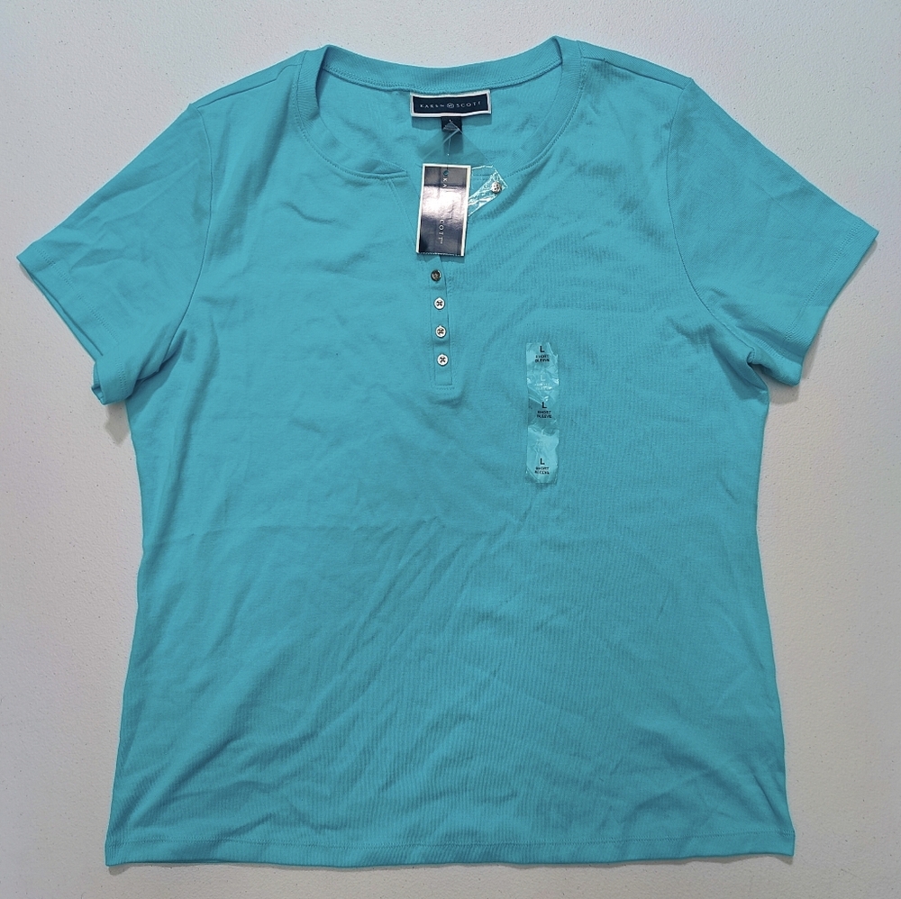 Karen Scott Women's Aqua Short Sleeve Top Size L